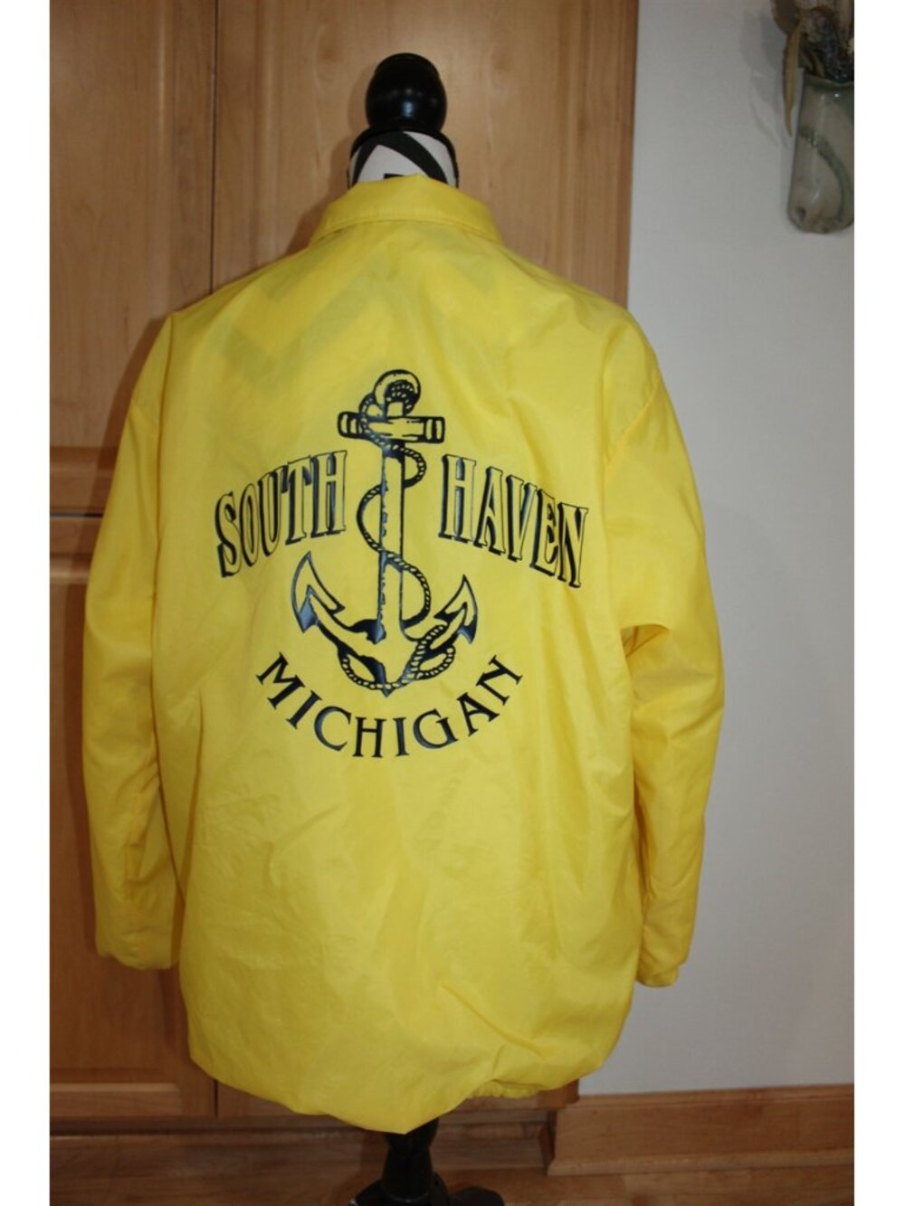 Retro Windbreaker Jacket Snap Front Yellow Lined Anchor South Haven, MI Large